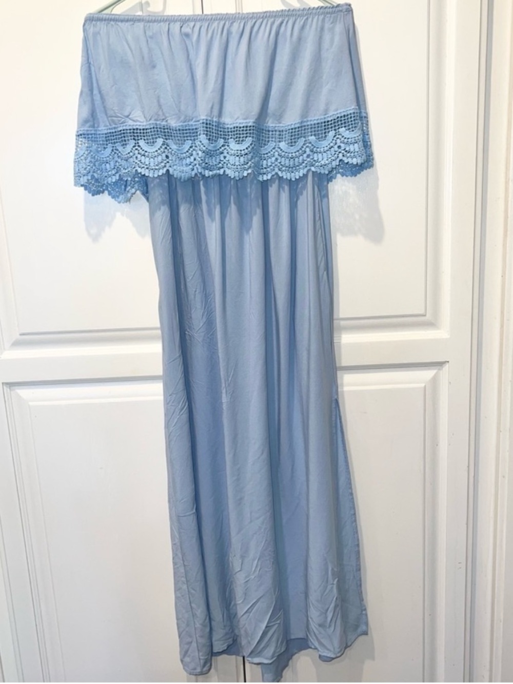 Lascana Blue Bandeau Strapless Maxi Dress Crochet Lace Pockets Size 6 - Picture 7 of 7